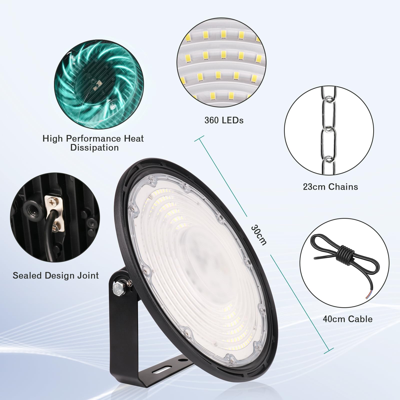 Fosingut 300W Industrial LED Floodlight,30000LM High Bay Spot Light Workshop Lighting,Cool White 6500K IP65 Waterproof UFO Ceiling Light LED Interior Chandelier for Warehouse,Factory,Hall,Gym - Image 3