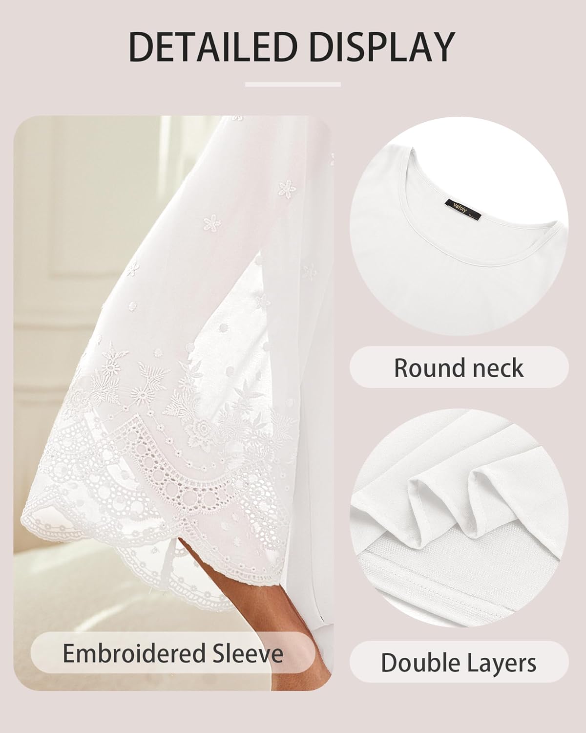 Women's Blouses Bell Sleeve Double Layers Casual Round Neck Embroidered Elegant Chiffon Tunic Top - Image 6