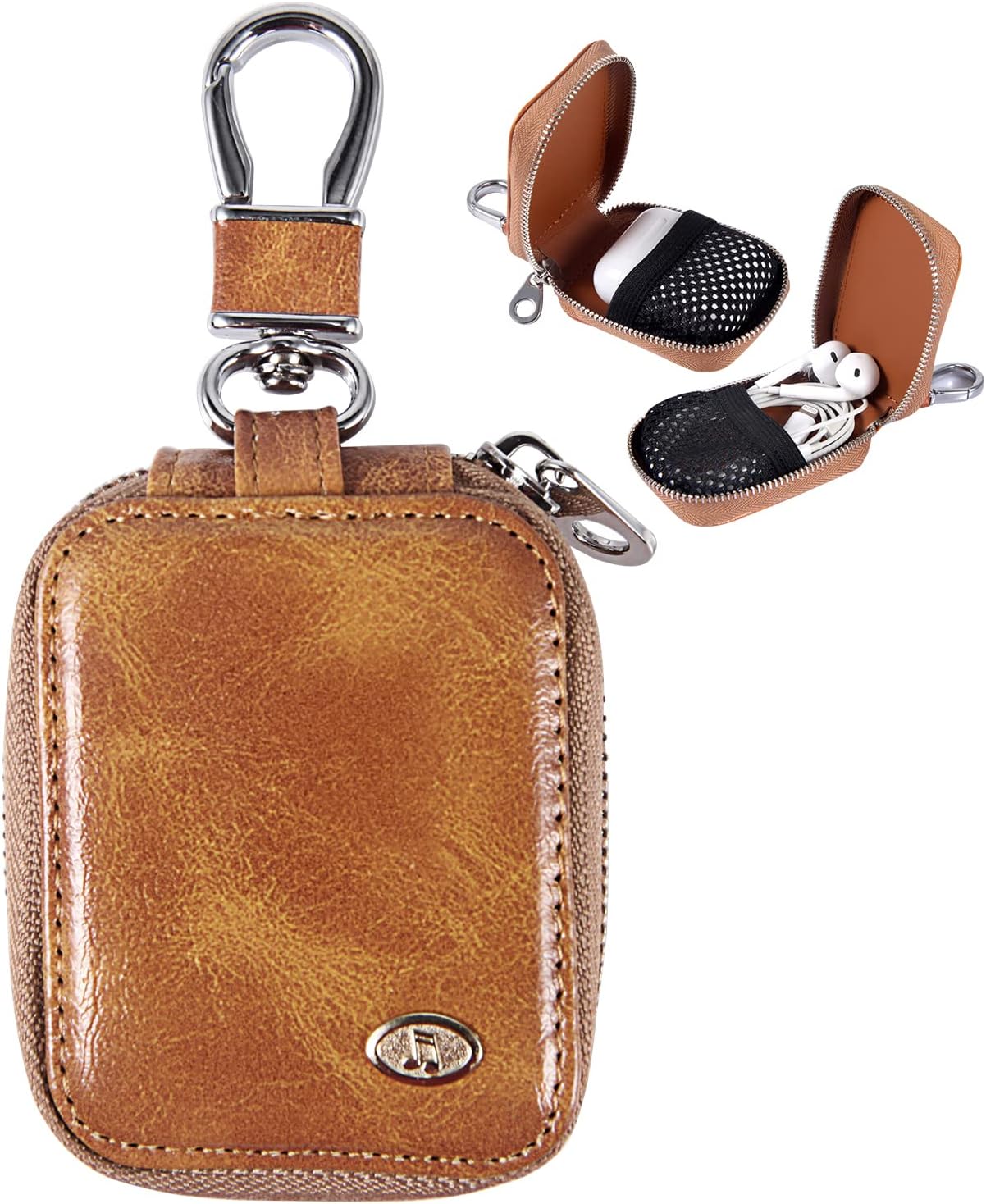 MRPLUM Earbud Carrying Case Small Compatible with PU Leather Hard Portable Earphone Case Protective Storage Pouch Bag with Mesh Pocket & Keychain for Wireless Headphone USB Cable（Claybank）