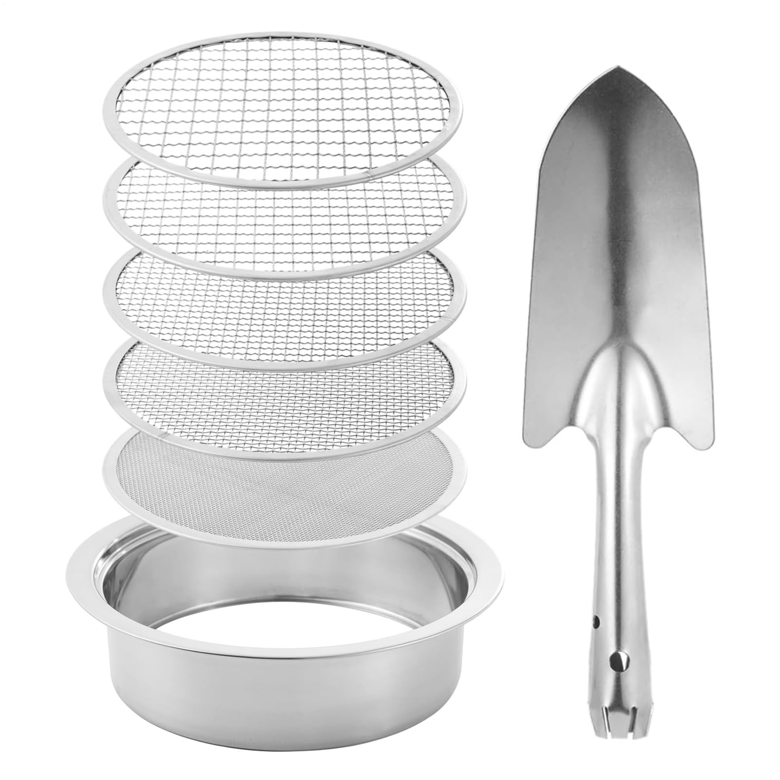 Pflanzsieb für den Garten, 5 Netze, Bodensieb-Set mit 1/3/6/9/12 mm Sieben, stapelbarer Schale und Schaufel, robuster Edelstahl, effizientes Sieben für Sämling, Pflanzen, Komposterde