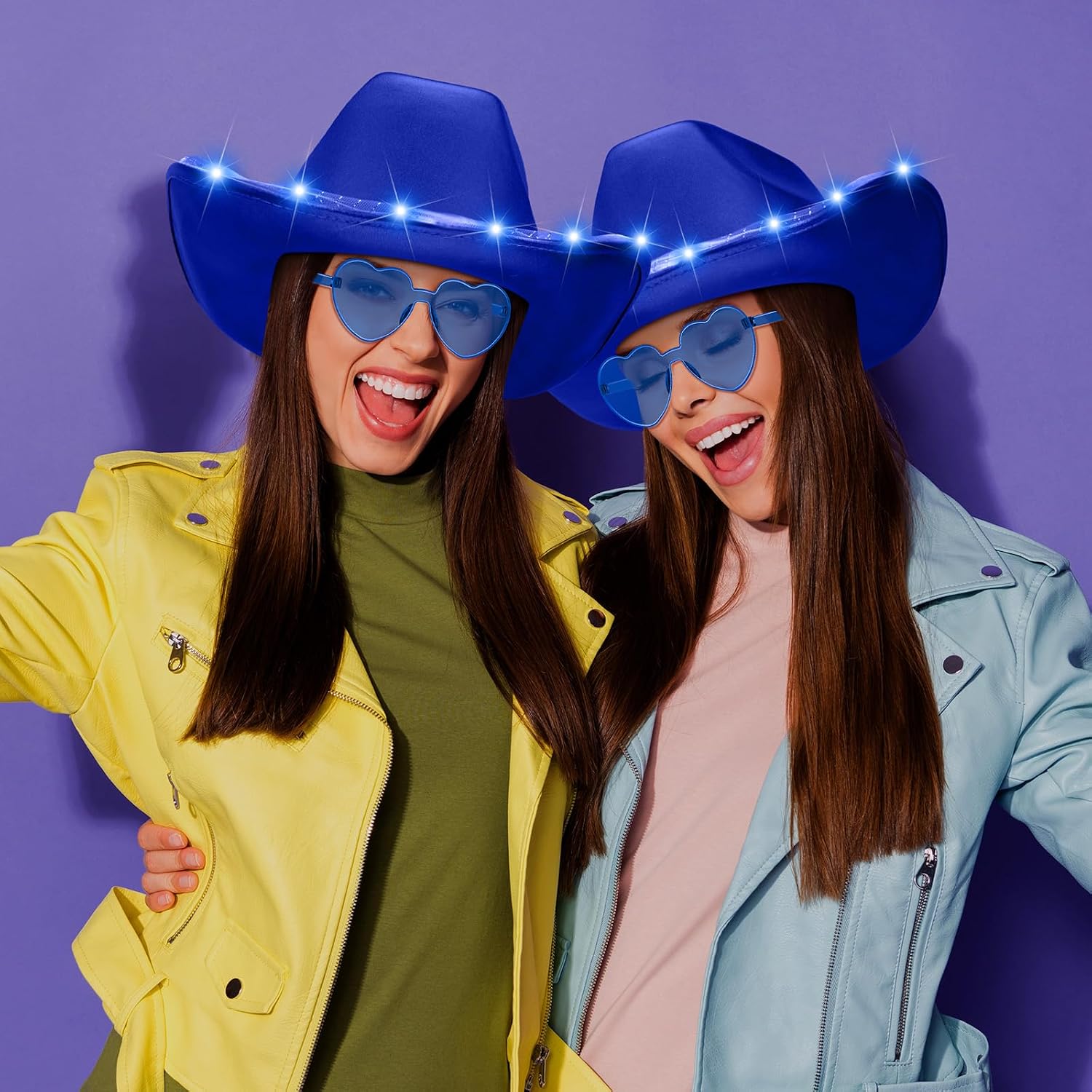 Zhanmai 8 Pieces Cowboy Hat LED Light Up Hat and Heart Sunglasses Sparkly Space for Cowgirl Women Halloween Costume
