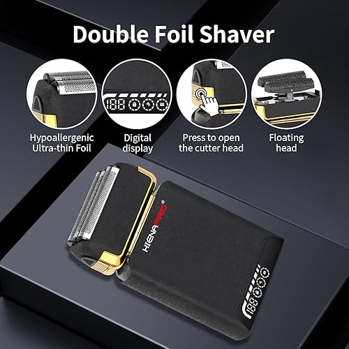 Miniatura 3 de HIENA PRO Afeitadoras de aluminio para hombres, recargables por USB con pantalla LCD, cuchillas dobles, nueva maquinilla de afeitar eléctrica para