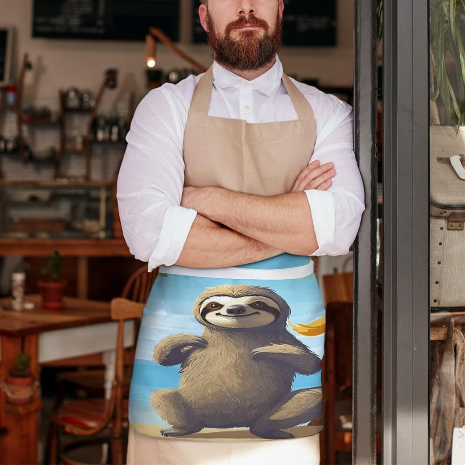 Sloth on Beach Apron Waterproof Chef Works Half Bistro Server Apron Adjustable Waist Half Apron With Pockets for Men Women Soft Cooking Apron