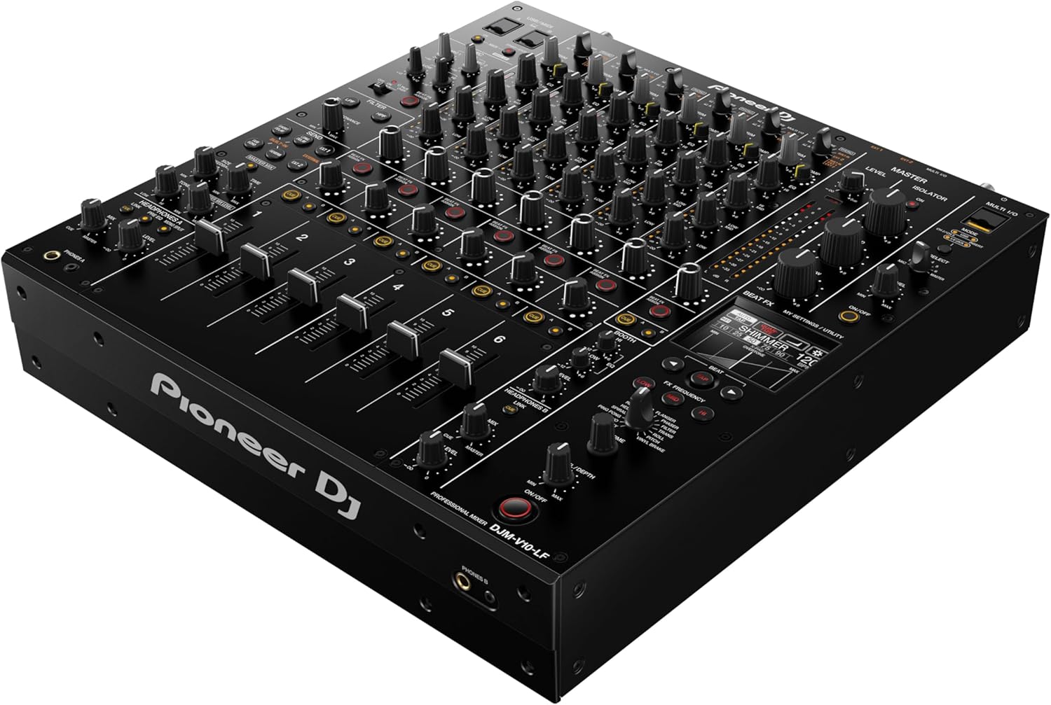 Pioneer DJ DJM-V10-LF professional 6-channel DJ mixer, angled top view.