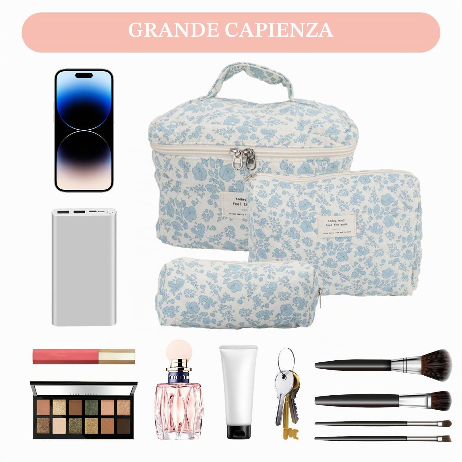 3 Pezzi Borsa Cosmetica Trapuntata, Beauty Case Da Viaggio Donna Grande Capacità Pochette Portatrucchi Viaggio Borsa Cosmetica Grande Beauty Trapuntato Grandei Da Toilette Makeup Bag Organizer