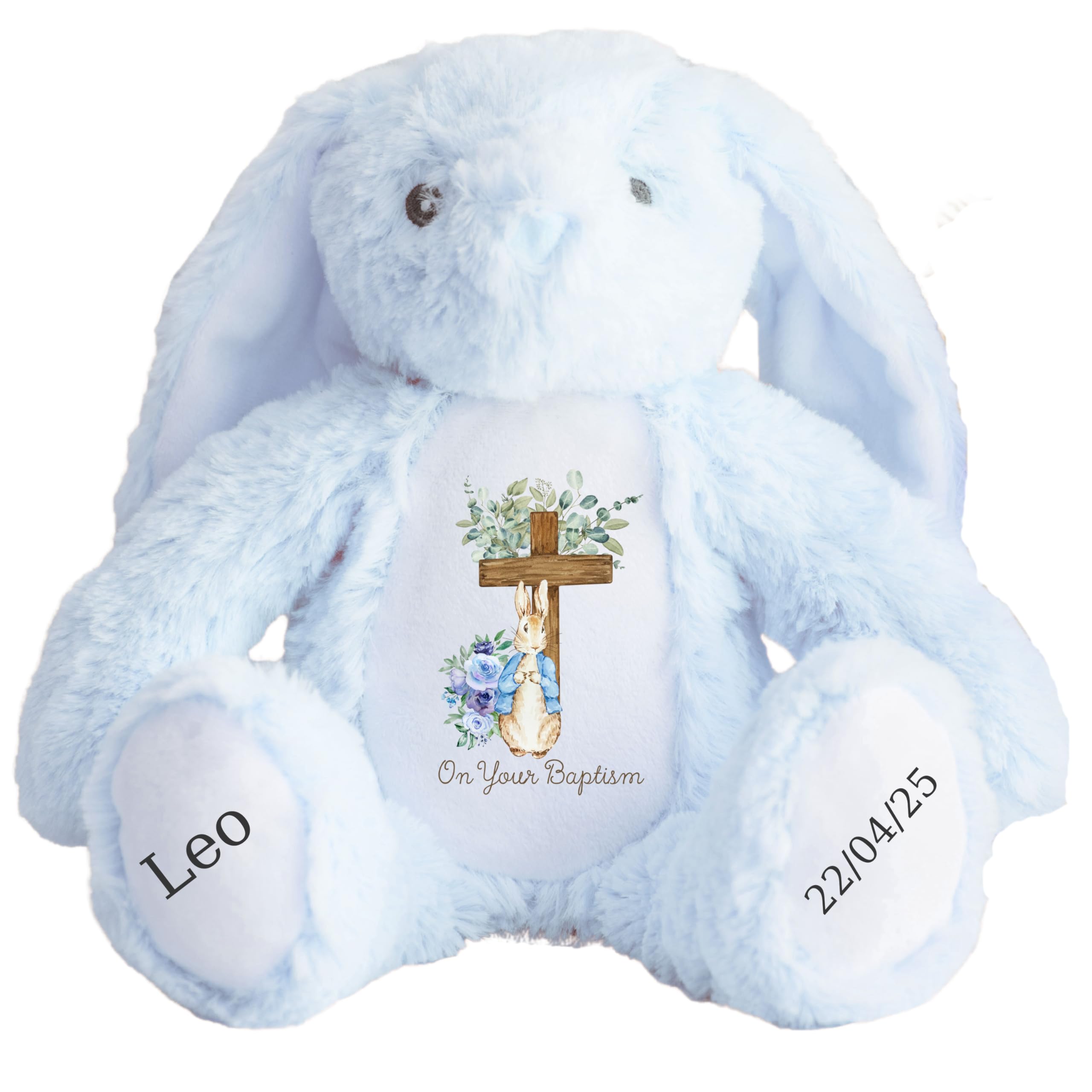 HotScamp Personalised Baptism Bunny with Name - Peter Cross Rabbit Blue Flowers On your Baptism Day Soft Toy for Baby, Child, Kids, Babies Christening Church Spring Time - Blue Letter Blu Bunny