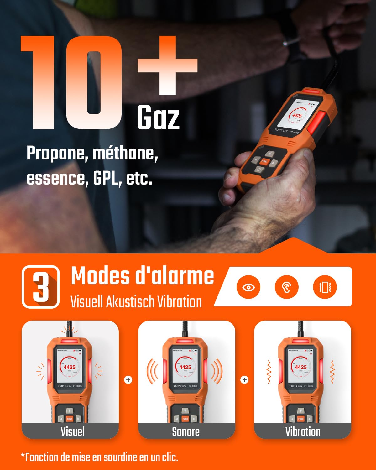 TopTes PT-830S Détecteur de Gaz Rechargeable avec Une Sonde de 36,8cm, Plage 0-10000 ppm, Écran Couleur TFT avec 3 Types d'Alarme, Détecteur de Fuite de Gaz pour Le Propane, Méthane, pour für Maison