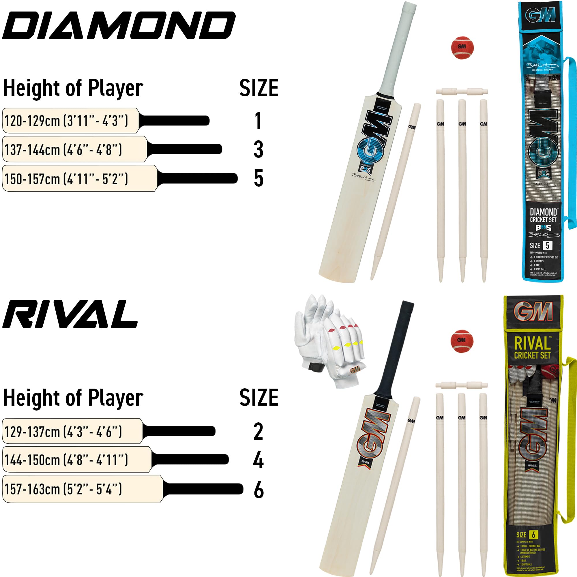 GM | Ben Stokes Diamond Endorsed Wooden Cricket Set | 1 x mazza diamantata, 1 x palla da tennis rossa morbida, 4 paletti e 1 cauzione | Borsa per il trasporto | Misura 5 adatto per giocatori 150-157
