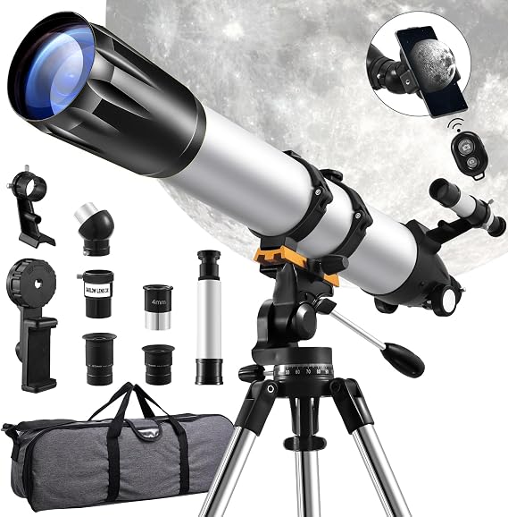 Telescopes for Adults Astronomy, 90mm Aperture 900mm Refractor Telescope for Kids & Beginners, for Planet Observation with Stainless Tripod & Phone Adapter