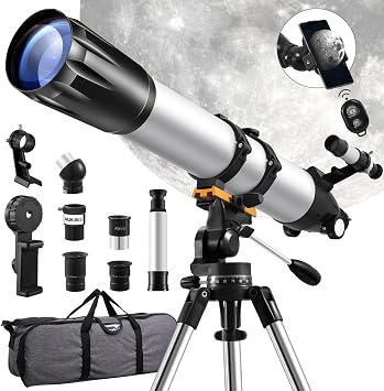 Telescopes for Adults Astronomy, 90mm Aperture 900mm Refractor Telescope for Kids & Beginners, for Planet Observation with Stainless Tripod & Phone Adapter