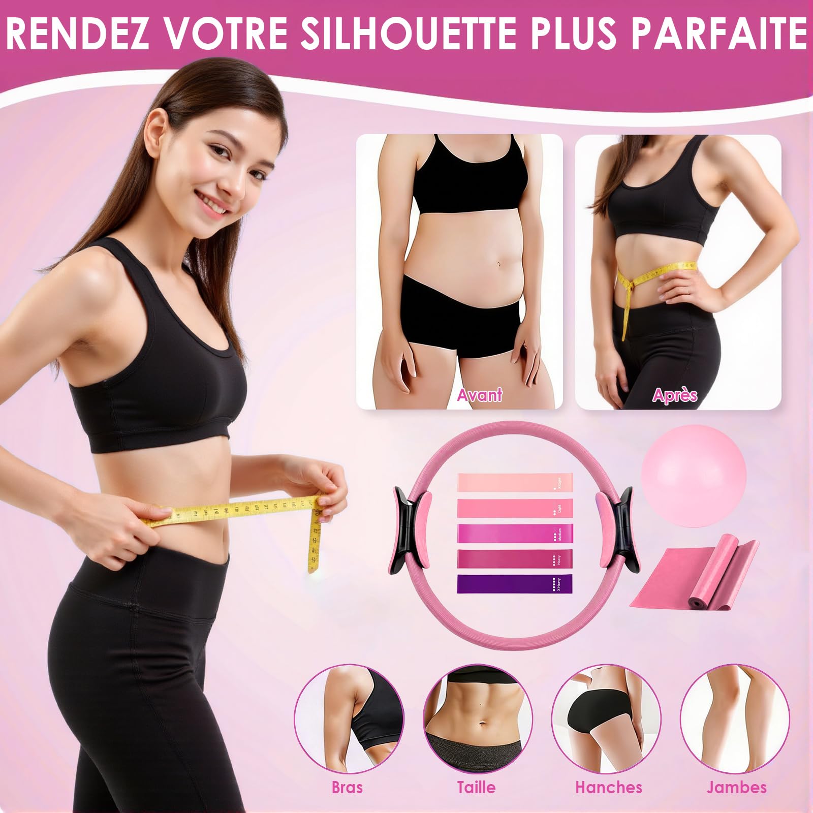 SCANTEE Kit Pilates Maison 13 Pièces, Pilates Accessoires avec Bandes de Résistance, Ballon de Yoga, Chaussettes de Pilates, Sangle de Yoga, Sac de Transport, Machine Pilate Maison, Rose