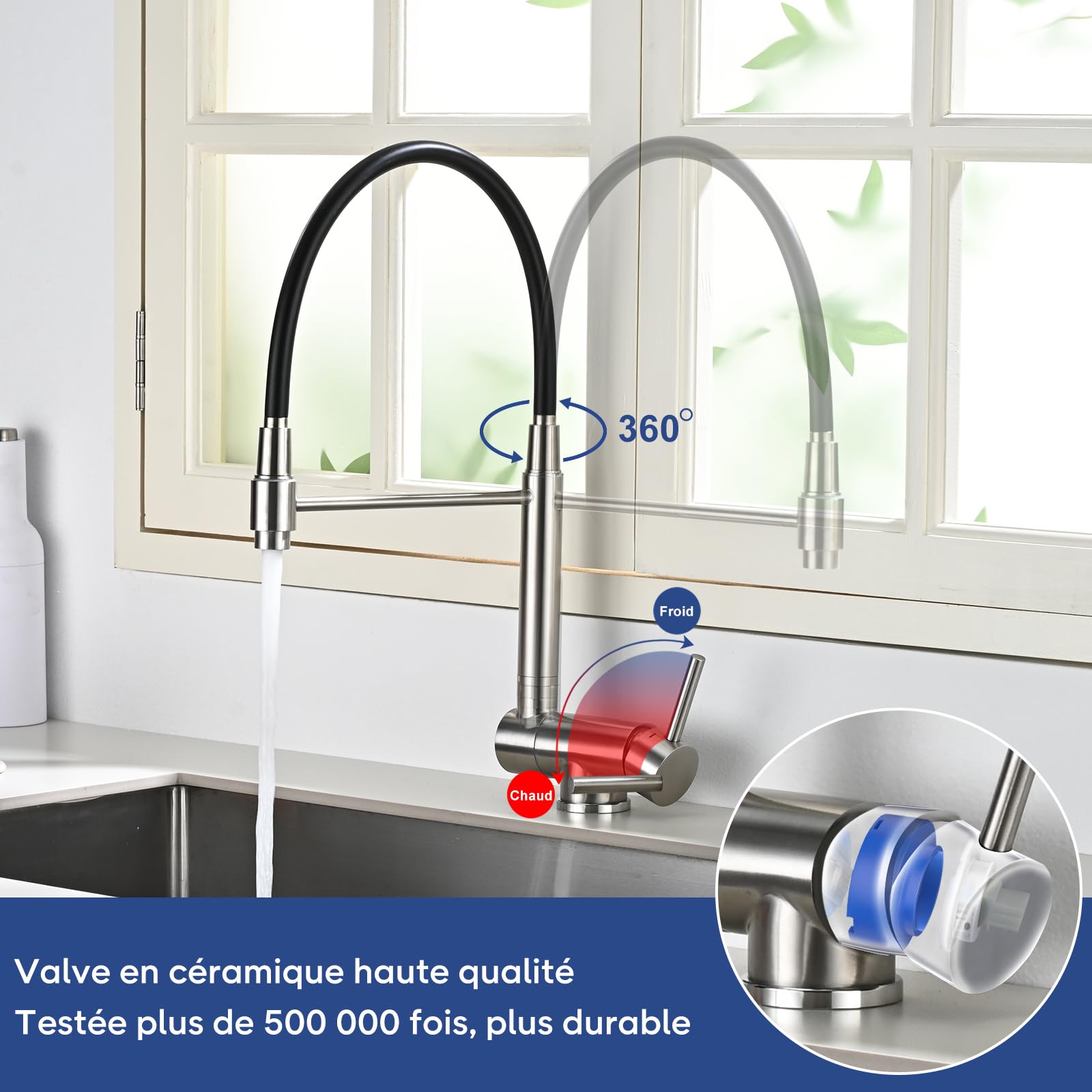 Robinet Cuisine Rabattable, Mitigeur Cuisine sous Fenêtre Pliable, Mitigeur Evier Cuisine Rotatif à 360°, Acier Inoxydable 304 Brossé (Argent)