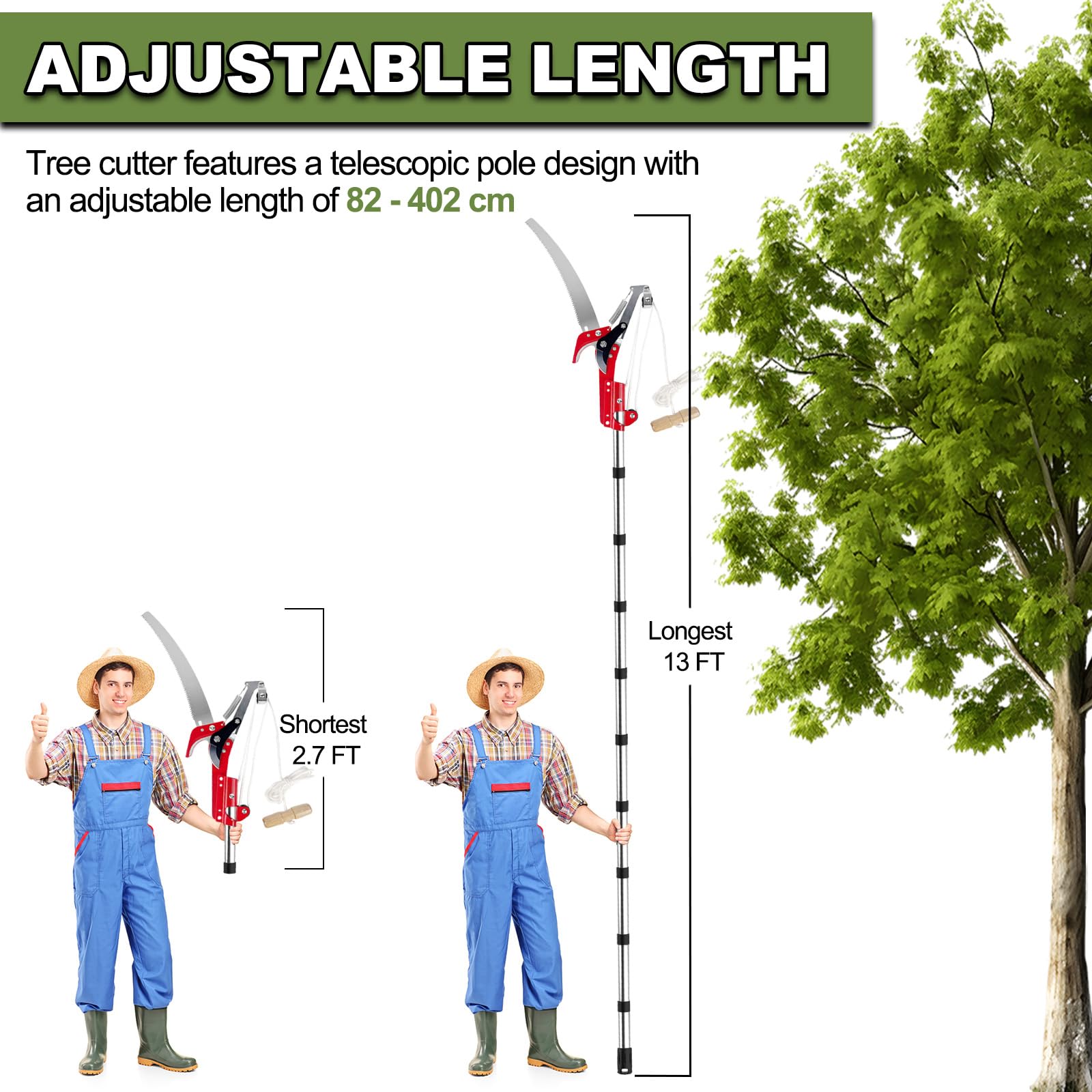 4BAOHUI Podadora telescópica de largo alcance, 82 a 448 cm, sierra de 33 cm, mango extensible de acero de aleación, podadora de árboles y arbustos
