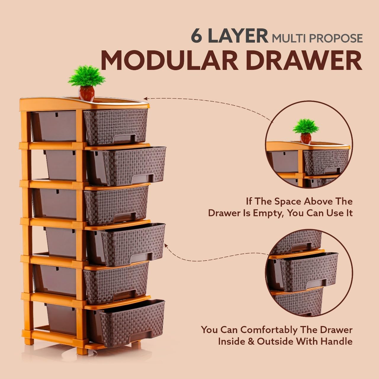 HORPIN 6 Xl Plastic Modular Drawer System For Home, Office, Hospital, Parlor, School, Doctors, Home And Kids, Product Dimension When Assembeled (30Cmx39Cmx90Cm) (Brown, 6XL) 3