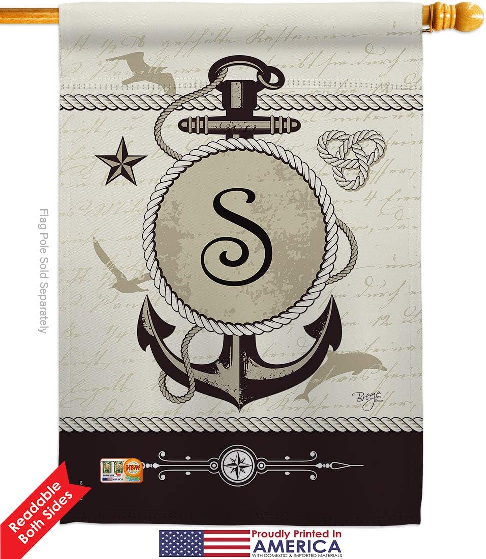 Nautical S Initial Garden House Flags Set Monogram Coastal Anchor Sailor Sea Shells Outdoor Summer Ocean Small Decorative Gift Yard Banner Double-Sided Made In USA 28 X 40