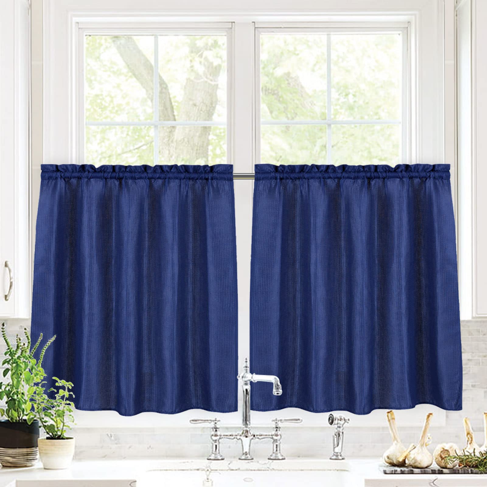 Valea Home Waffle Weave Textured Bathroom Window Curtains Water Repellent Short Curtains Window Covering Half Window Curtains Kitchen Tiers 24 inch
