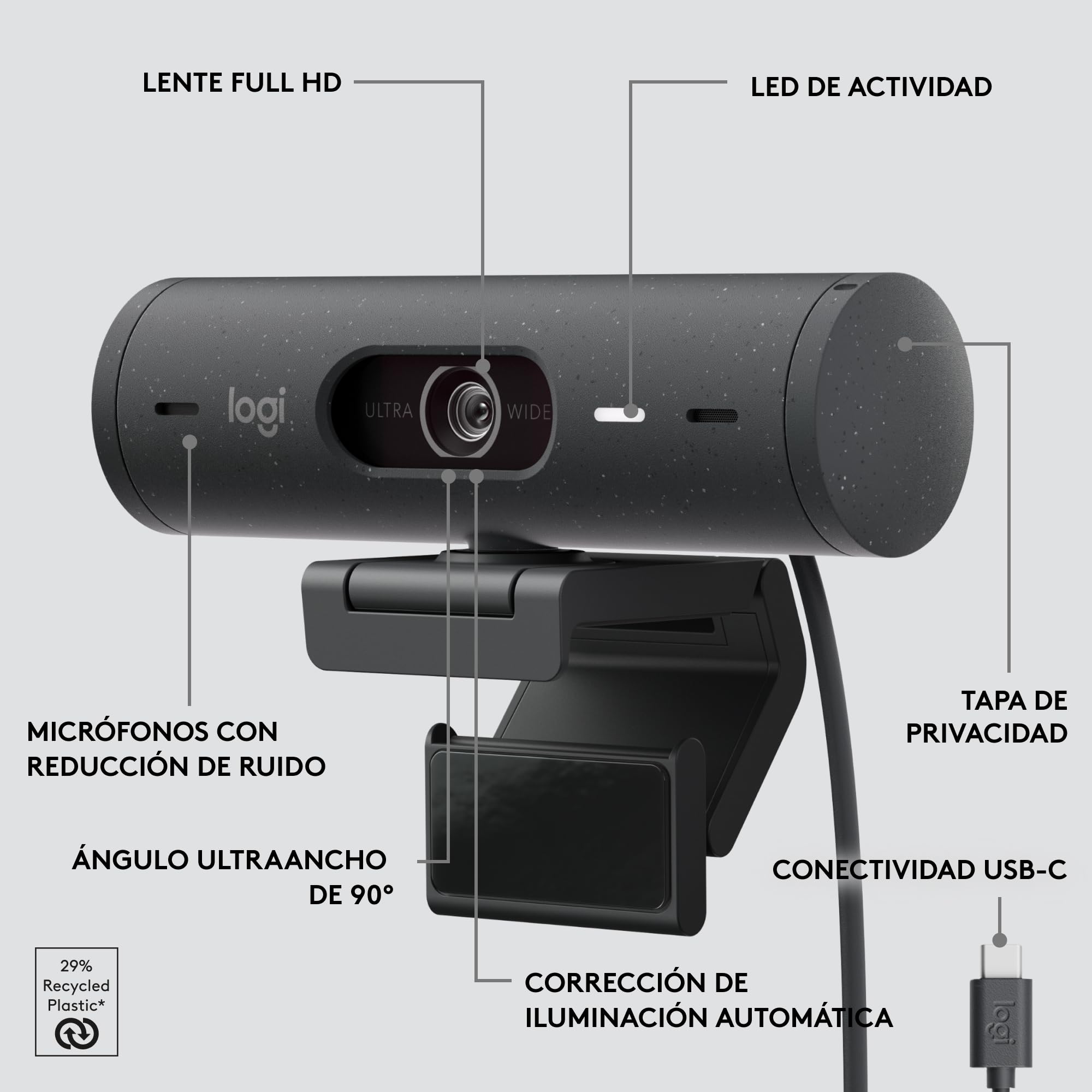 Logitech Brio 500 HD Webcam Ajuste Luz, Modo Visualización, Mics Duales con Reducción Ruido, Cubierta Privacidad Cámara Web, Admite MS Teams, Google Meet, Zoom, Cable USB-C - Grafito