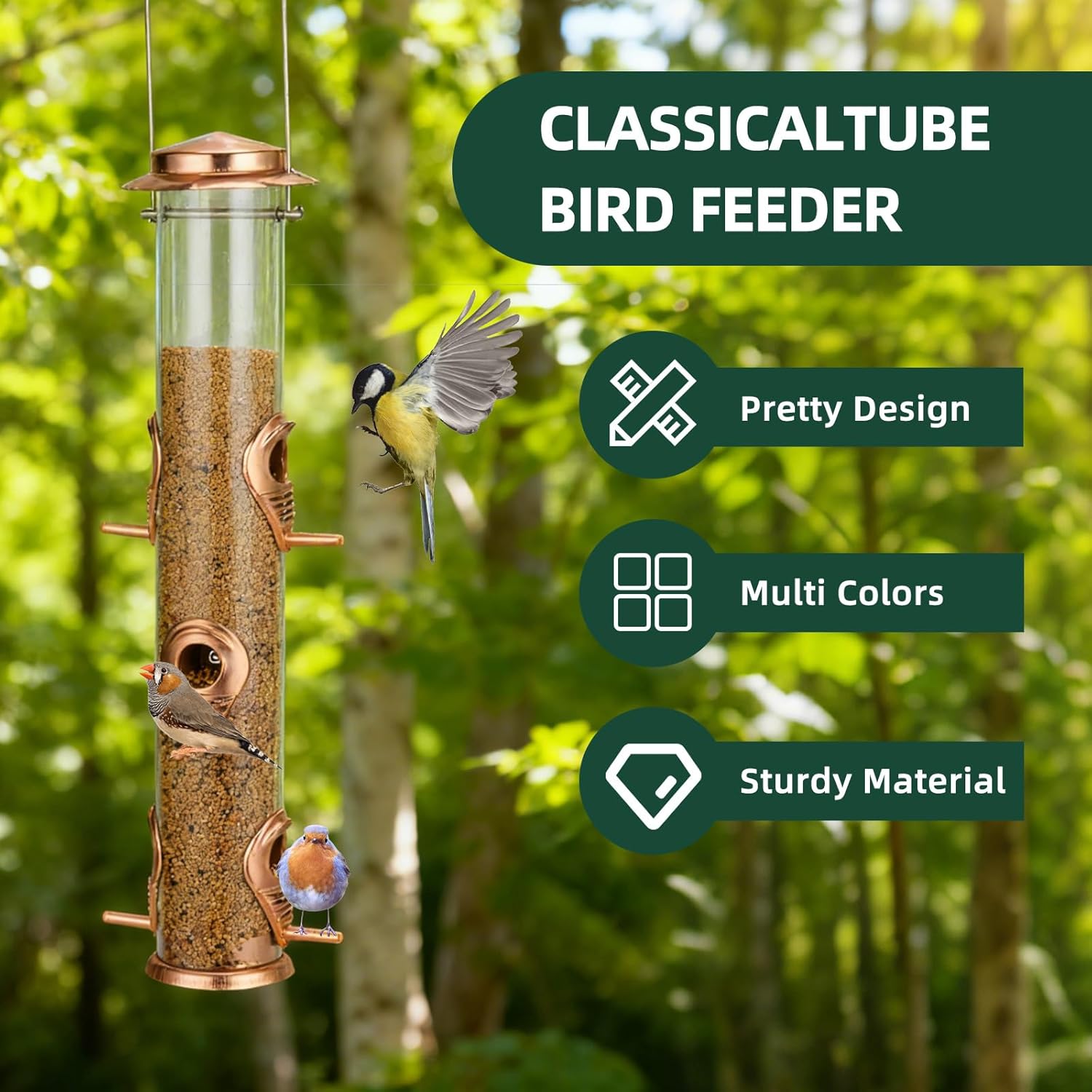 ERYTLLY Metal Bird Feeders 6 Port Tube Bird Feeder for Wild Birds, 1.4mm Extra Thick Solid Tube Transparent with Steel Hanger for Outside