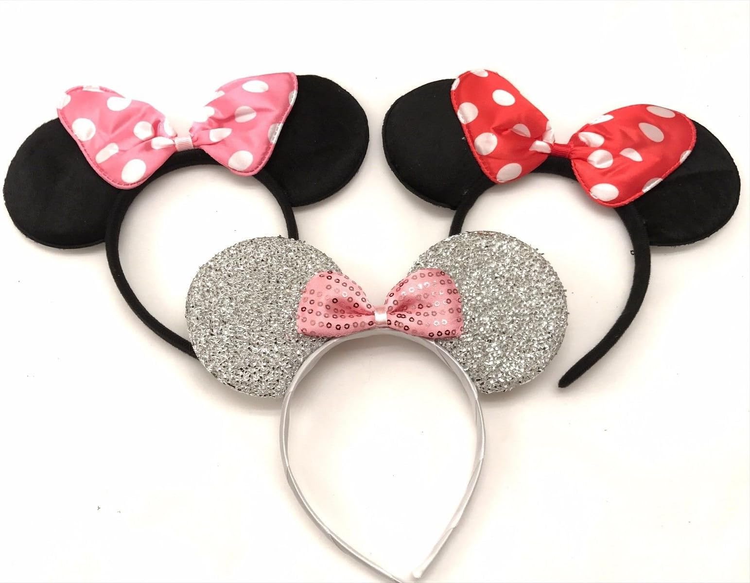 PINSUKO 3 Minnie Mouse Black Red Pink Silver Bow-Mickey Mouse Ears Headband Costume