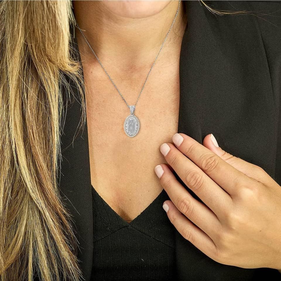Solid 10K White Gold Our Lady of Guadalupe Miraculous Immaculate Conception Oval Medal Pendant Necklace - Choice of Pendant Only or Chain Length