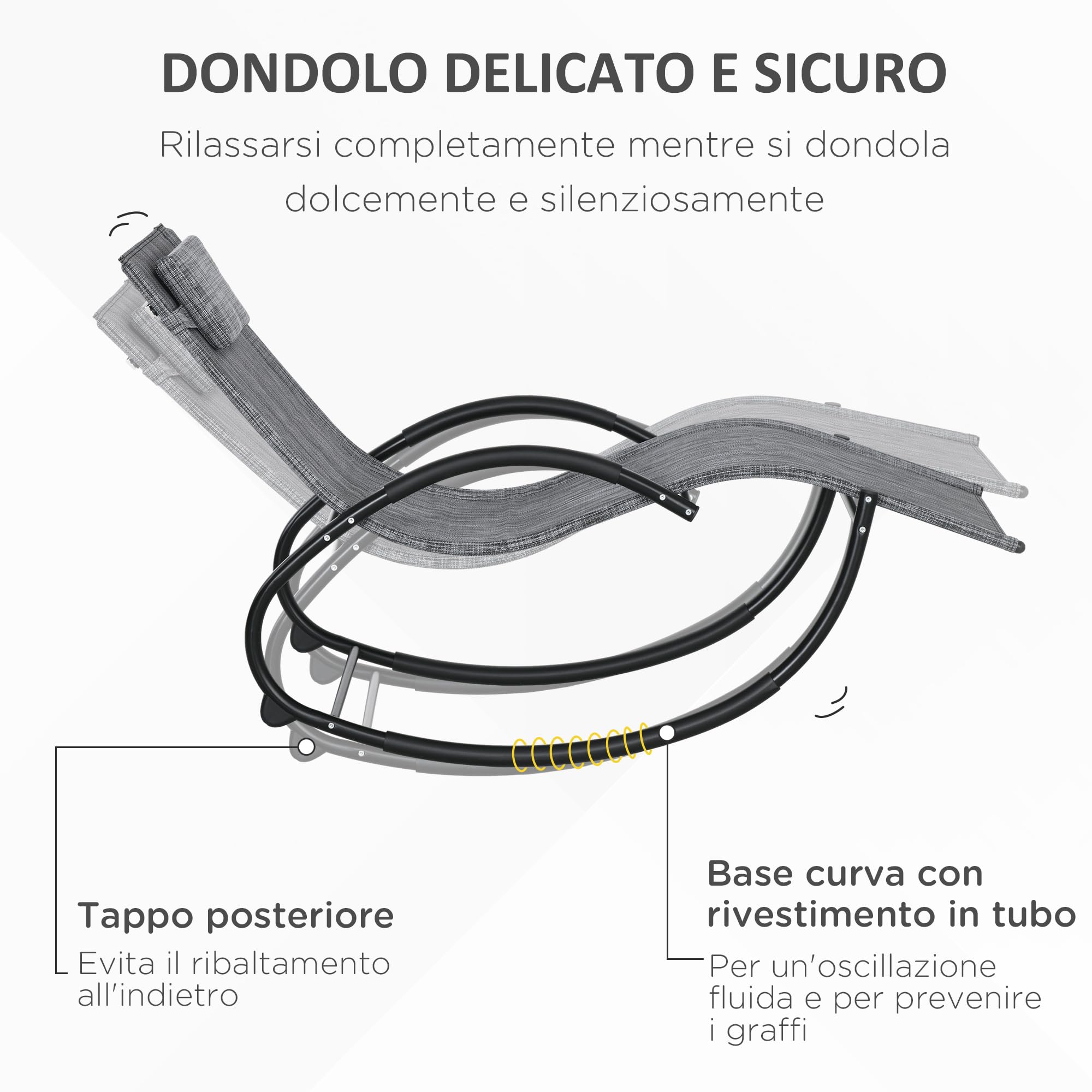 Outsunny Sdraio a Dondolo Zero-Gravity da Giardino, Lettino Prendisole Impermeabile con Poggiatesta, 155 x 61 x 88 cm, Grigio
