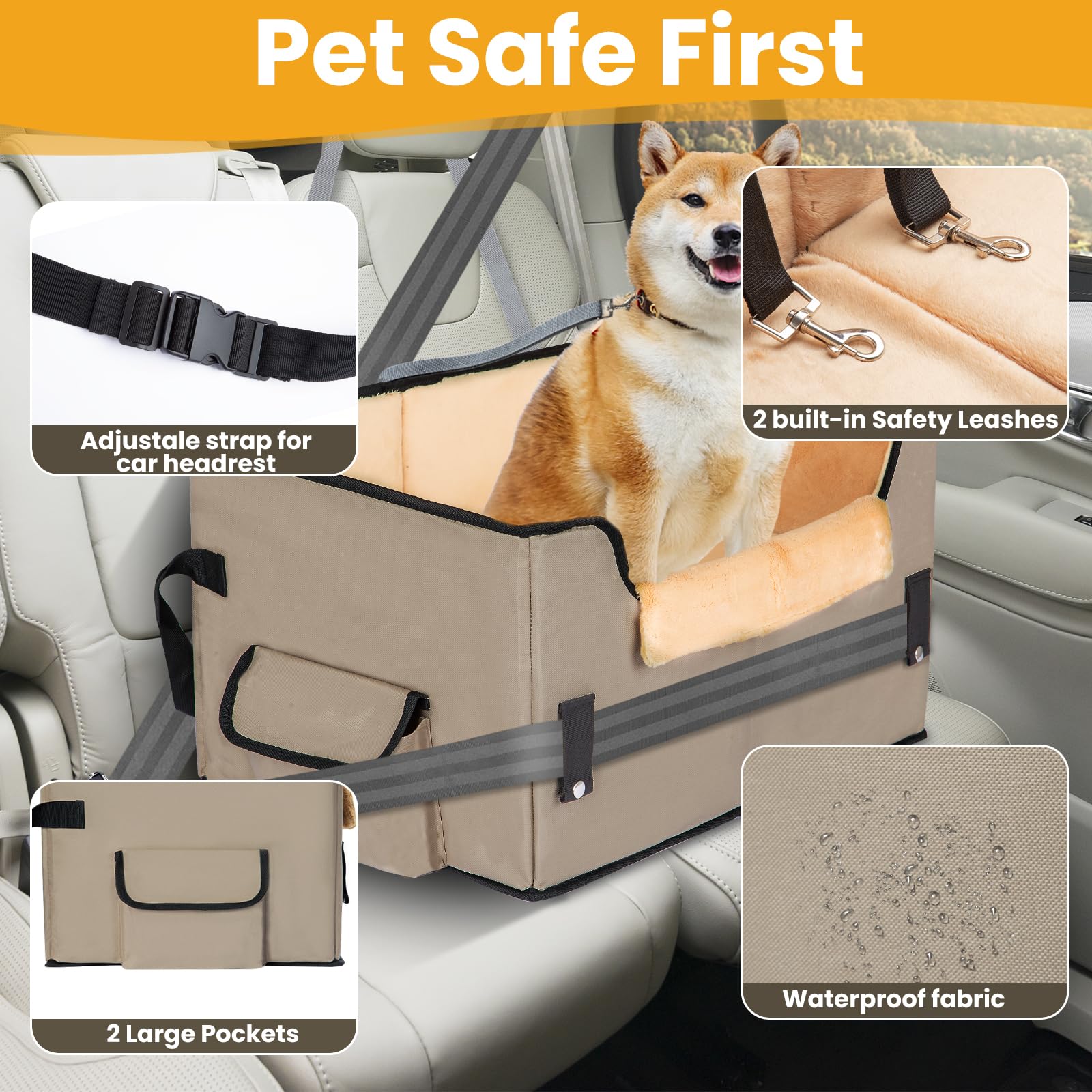 NOVOLAB Elevated Dog Car Seat for Small Dogs, Small Dog Car Seat, Puppy Dog Booster seat for Car with Clip On Leash, Perfect for Small Pet