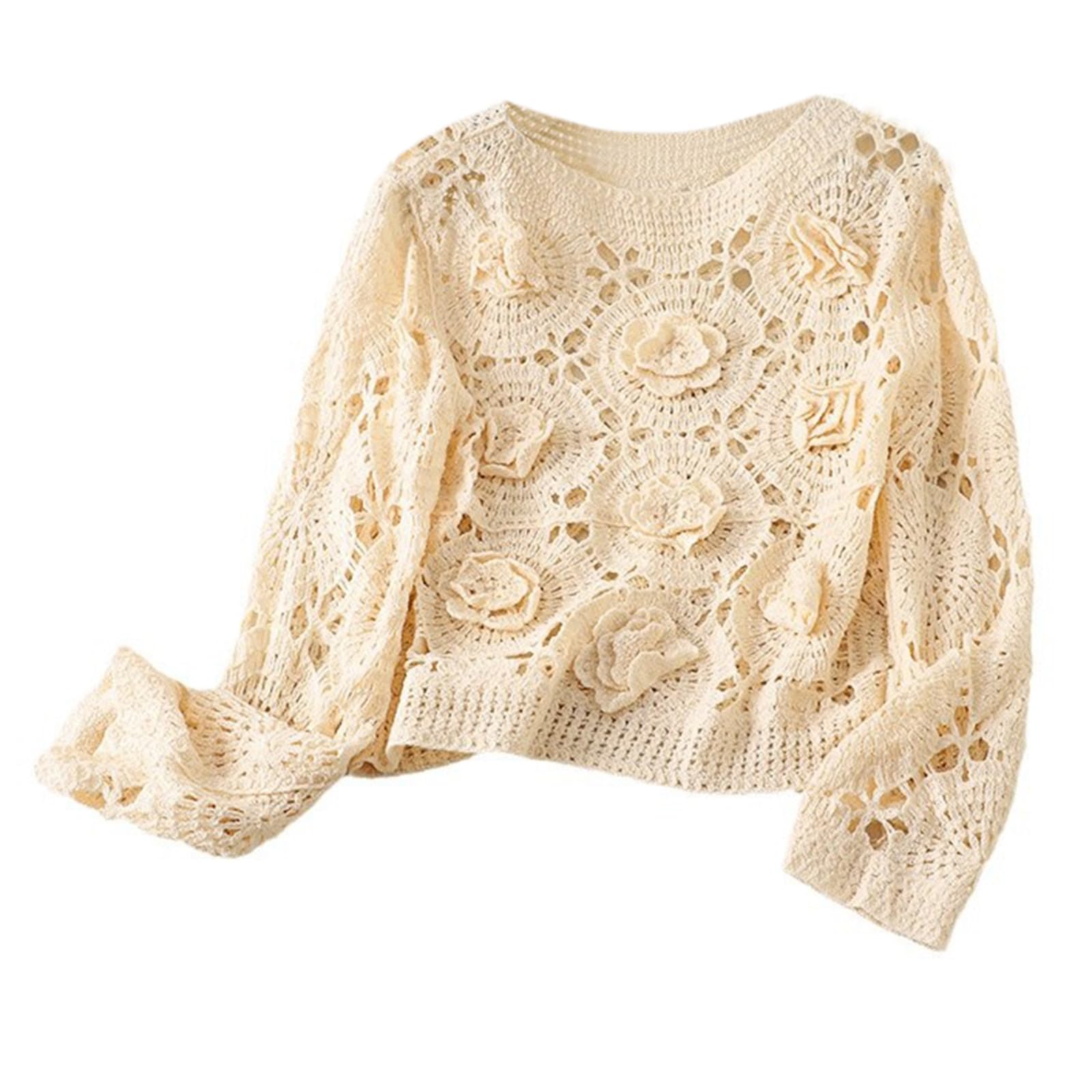 Crochet Hollowed Out Knit Sweater Crop Top for Women Soft Cotton Fabric Elegant Flower Long Sleeve Pullover Coverup