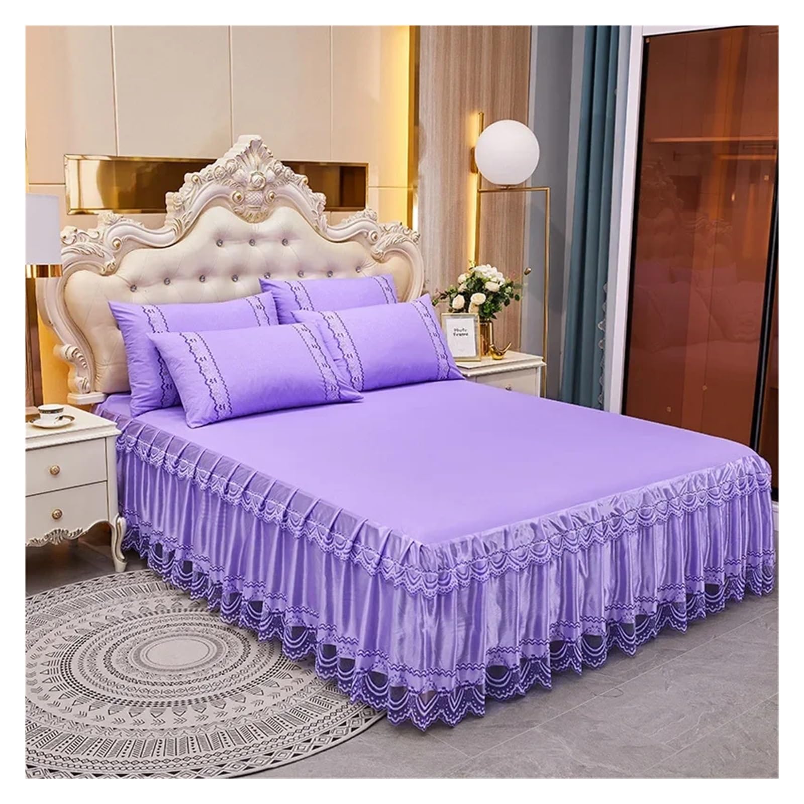 Lace Ruffled Bedroom Bed Skirt Non-slip Mattress Cover Bedspread King Size(Color 12,1PC 150x200cm)
