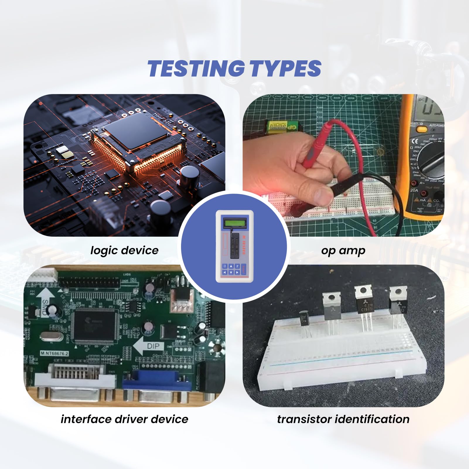 TSH‑06F Tester Per Circuiti Integrati, Misuratore di Transistor IC con Modalità AUTO da 5 V 3,3 V Misuratore di Transistor Intuitivo Per Ingegneri di Microelettronica(Con terminali)