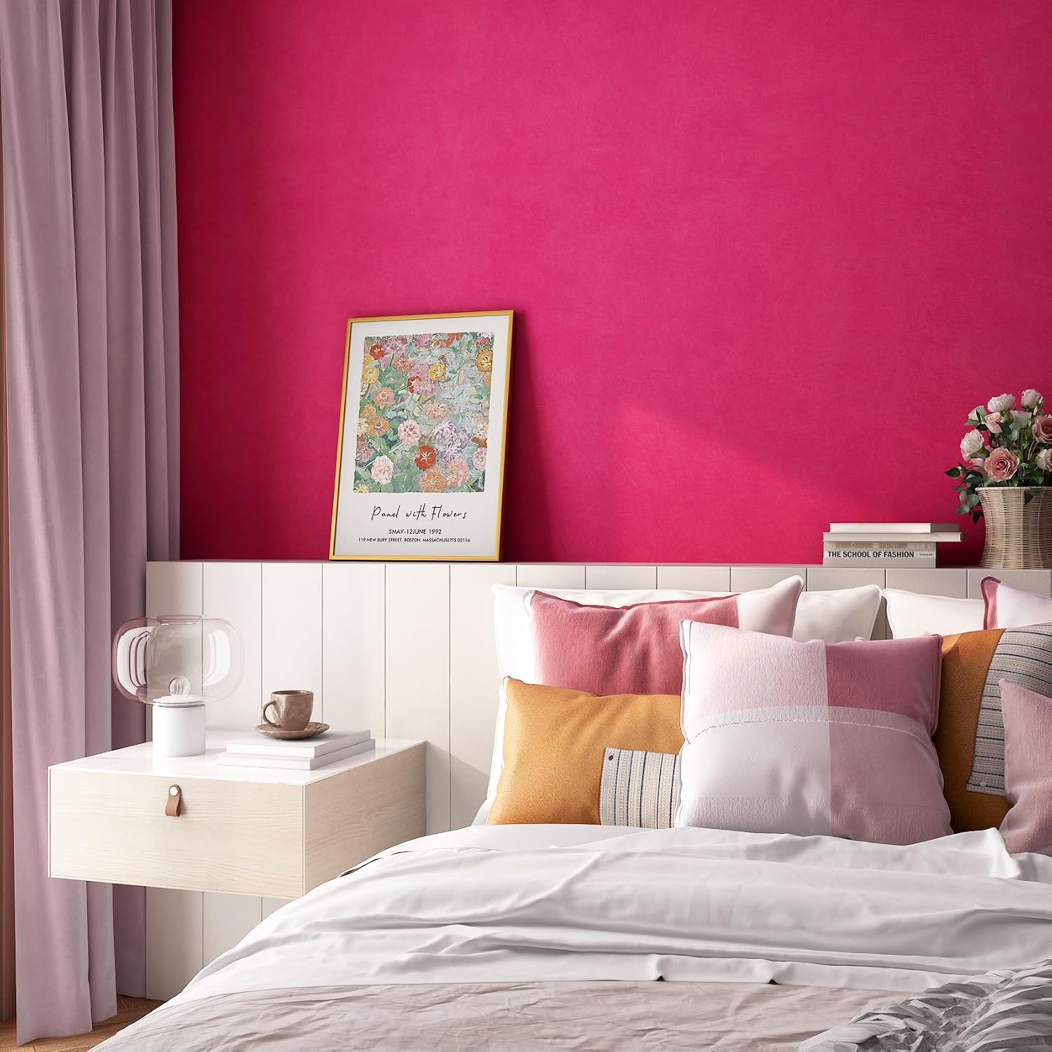 Stickyart Hot Pink Velvet Peel and Stick Wallpaper 24"x160" Soft Flocking Fabric Contact Paper Removable Velvet Textured Wallpaper Self Adhesive Hot Pink Felt Wall Paper for Girl Bedroom Wall Decor