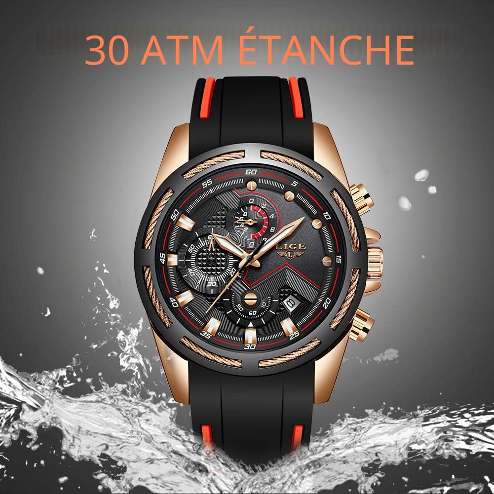 LIGE Montres Hommes Mode Élégant Analogique Quartz Chronographe Étanche Silicone Homme Montre Bracelet Sport Grand Noir Cadran Rond Business Casual Robe Hommes Montre Calendrier