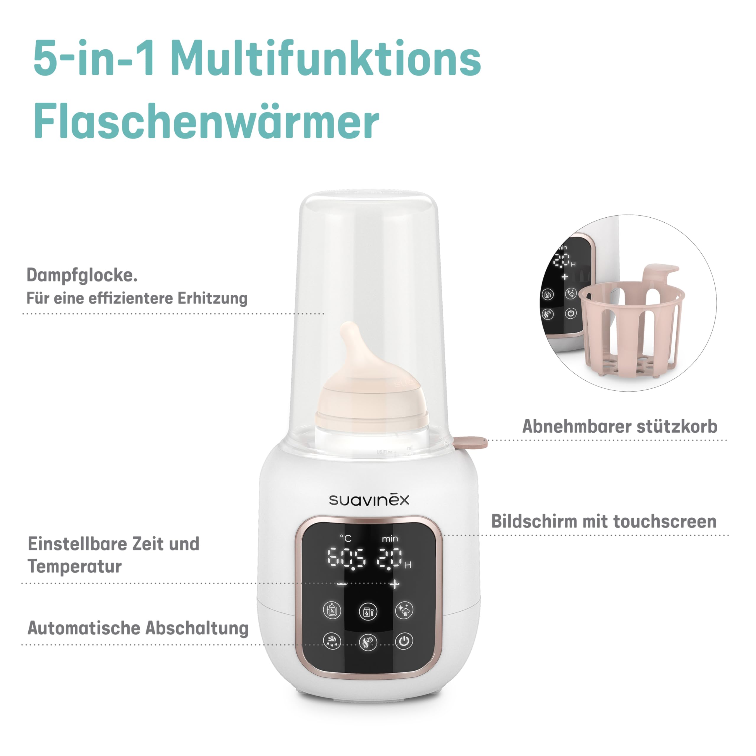 Suavinex, 2 in 1 Flaschenwärmer und Sterilisator. 5 Modi: Auftauen, Schnellmodus, Gläschen erwärmen, Wasserbad und Sterilisieren. Für Muttermilch oder Milchpulver, Automatische Abschaltung, Weiß