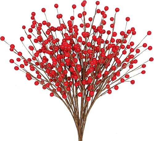 MARTINE MALL 16 tallos de bayas artificiales de 13.4 pulgadas, ramas de bayas de acebo, ramas de bayas de acebo rojas, adornos de bayas para árbol