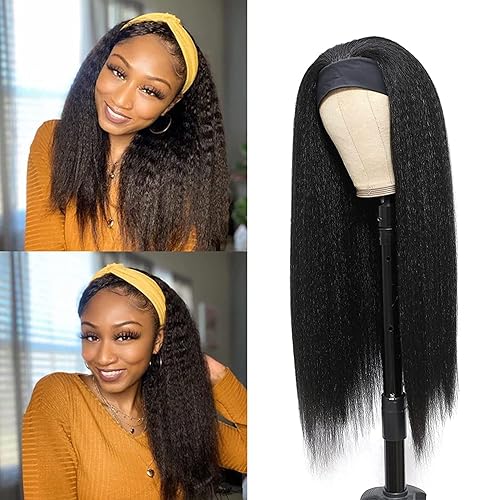 Vligcor Pelucas de cabello sintético tipo afro de 12 pulgadas con diadema para mujeres negras, sin encaje, pelucas largas yaki lacias, línea capilar
