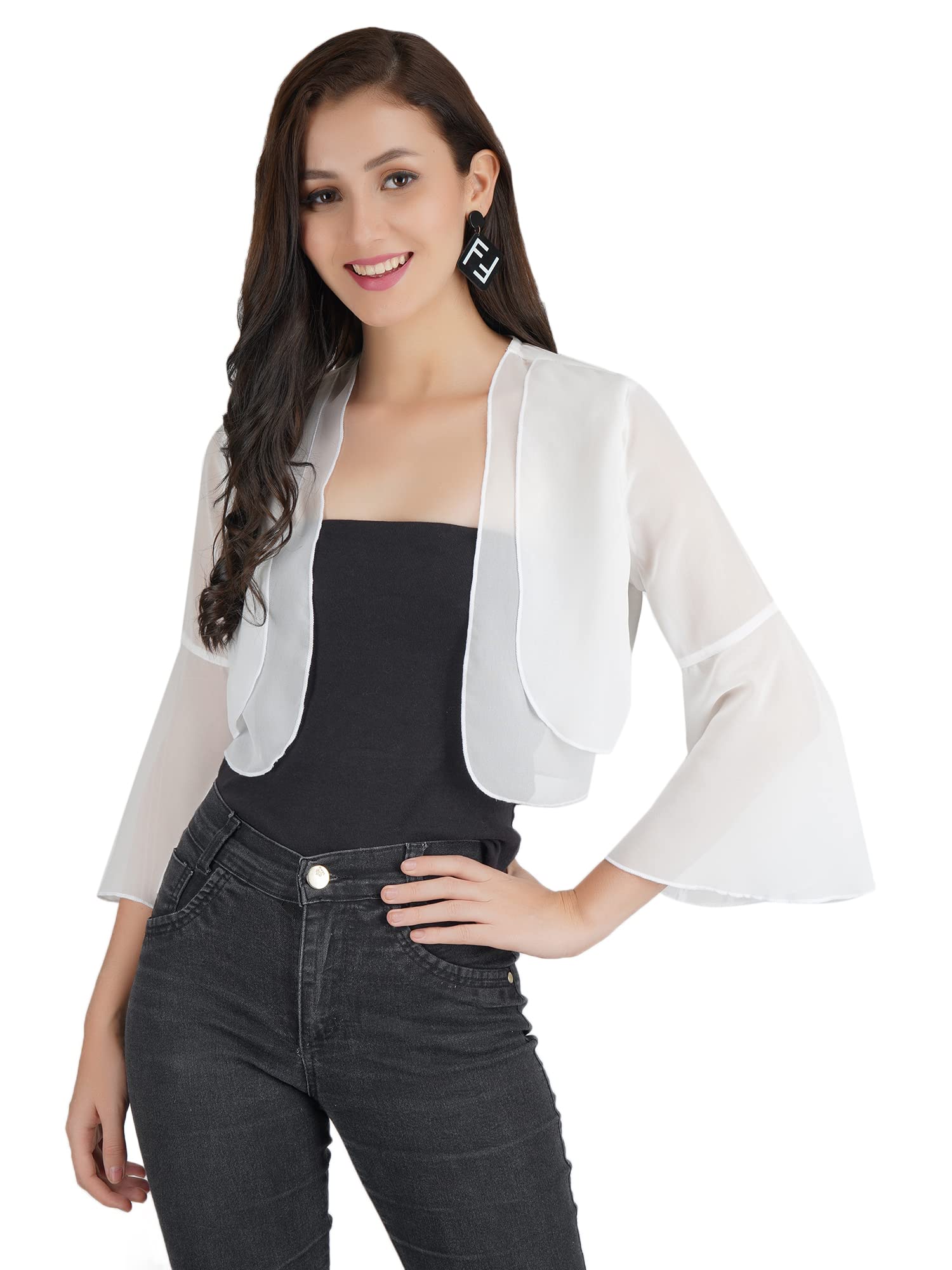 Women's Cropped Layered Lightweight Sheer Three-Fourth Bell Sleeves Georgette Open Neck Shrug Bolero