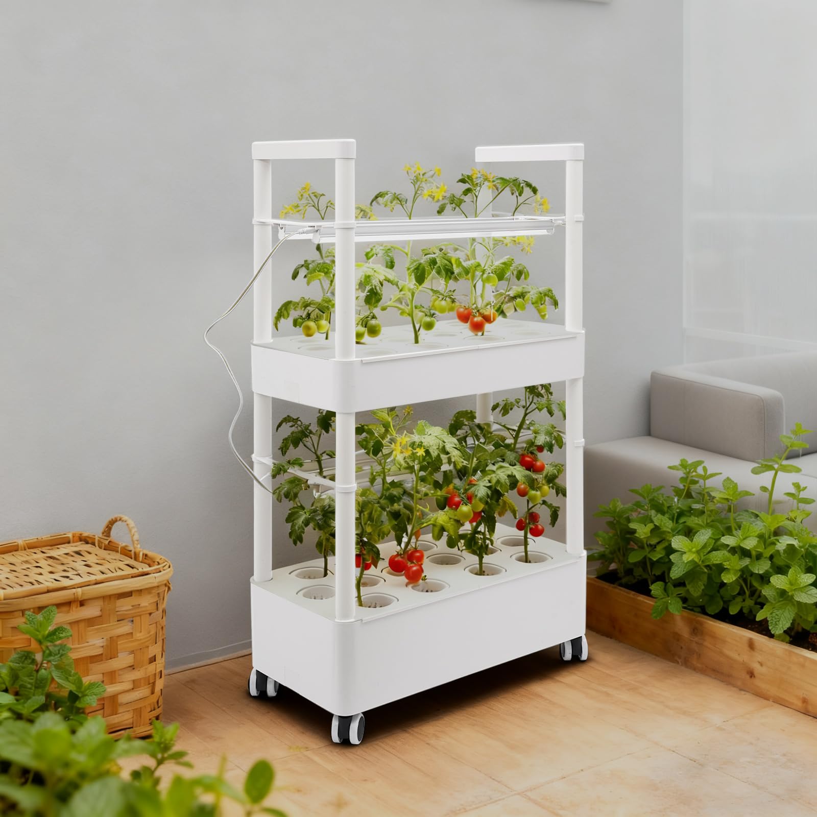 System uprawy hydroponiki, 2 poziomy, zestaw do ogrodu ziołowego, do użytku wewnątrz z 28 otworami i 4 lampami LED do uprawy roślin, system uprawy hydroponiki z PCW, z hamulcami, do kuchni i salonu