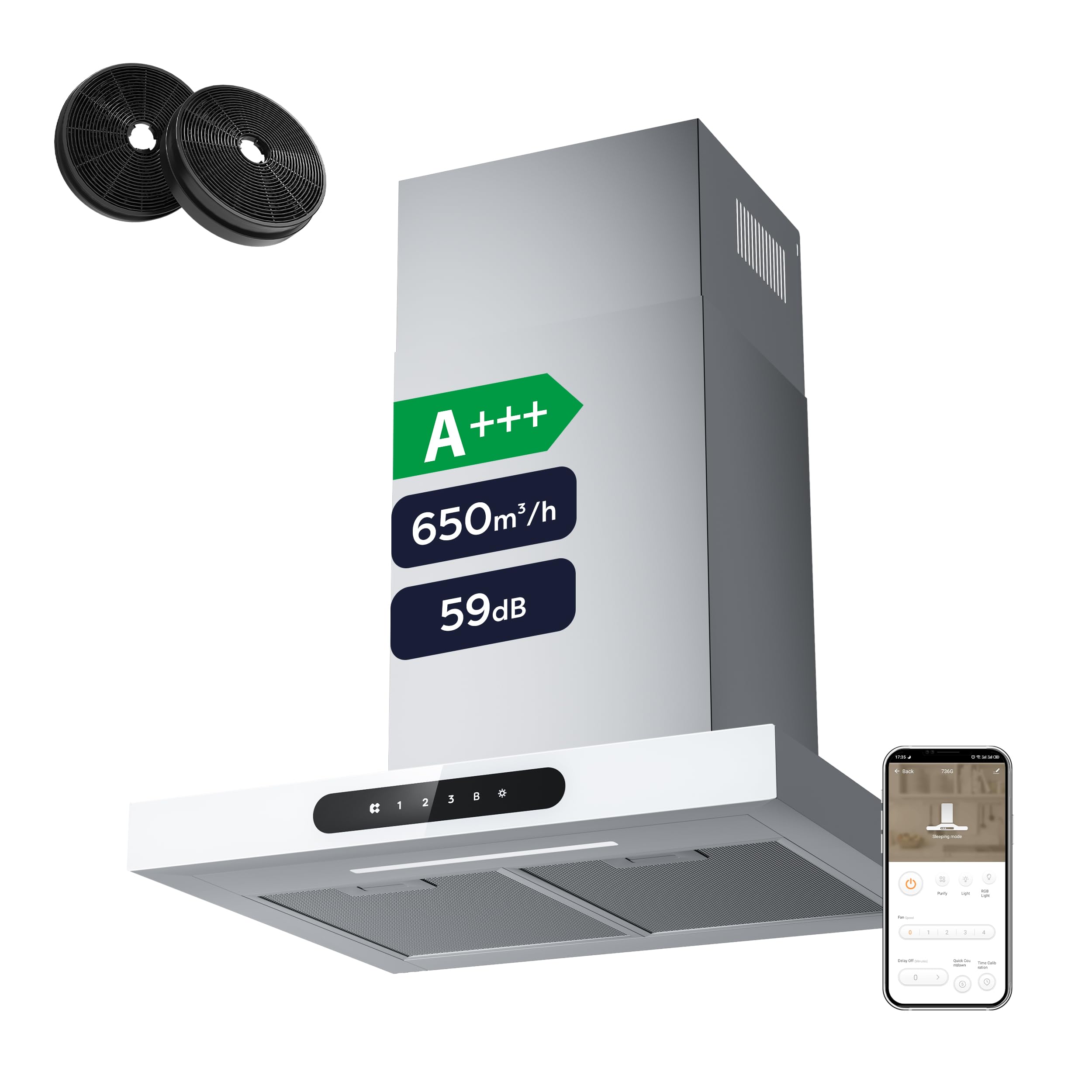 Ciarra CBCW6102 Campanas Extractora 60cm A+++ 650 m³/h - TouchControl 4 niveles - Evacuación al Exterior y Recirculación Interna por Filtro de Carbón CBCF003 - Blanco