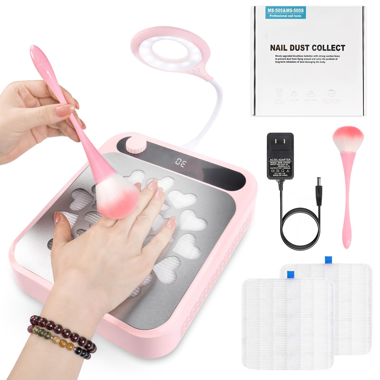 Nail Dust Collector, Dust Collector Nail Tech with LED Light & 2Pcs Reusable Filters & Cleaning Brush