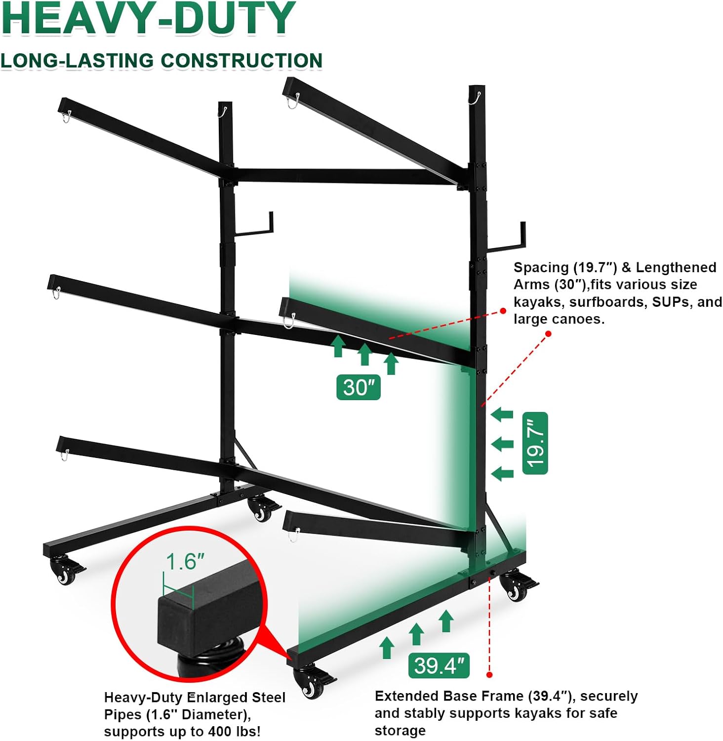 Kayak Storage Rack with Lockable casters,Thickened Heavy Duty Kayak Stand, for Indoor, Outdoor, Garage, shed, Marina Kayak Storage Racks