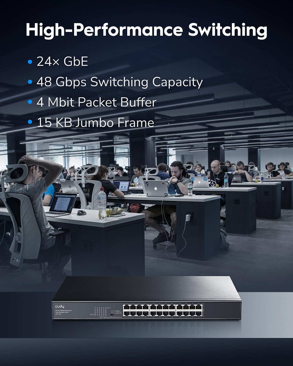 Cudy GS1024E Switch Gigabit Gestionado Ligero de 24 Puertos, Plug & Play, Carcasa Metálica Robusta, Puertos Blindados, QoS, VLAN, IGMP, LAG y Compatible con Montaje en Rack