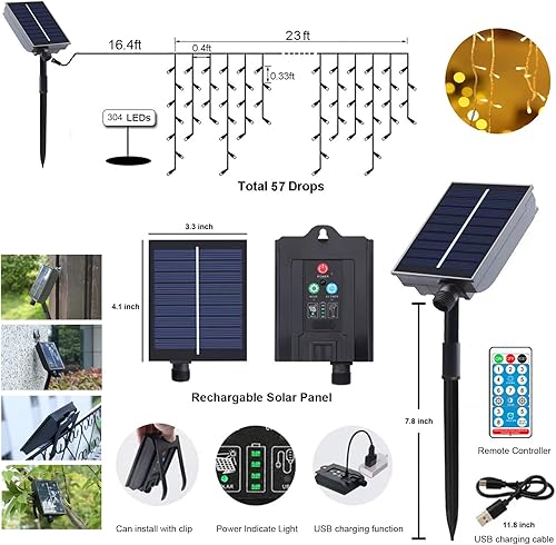 Miniatura 6 de Luces solares blancas de carámbano de Navidad, 304 LED para decoración de Navidad al aire libre, 8 modos, impermeables, luces solares de carámbano
