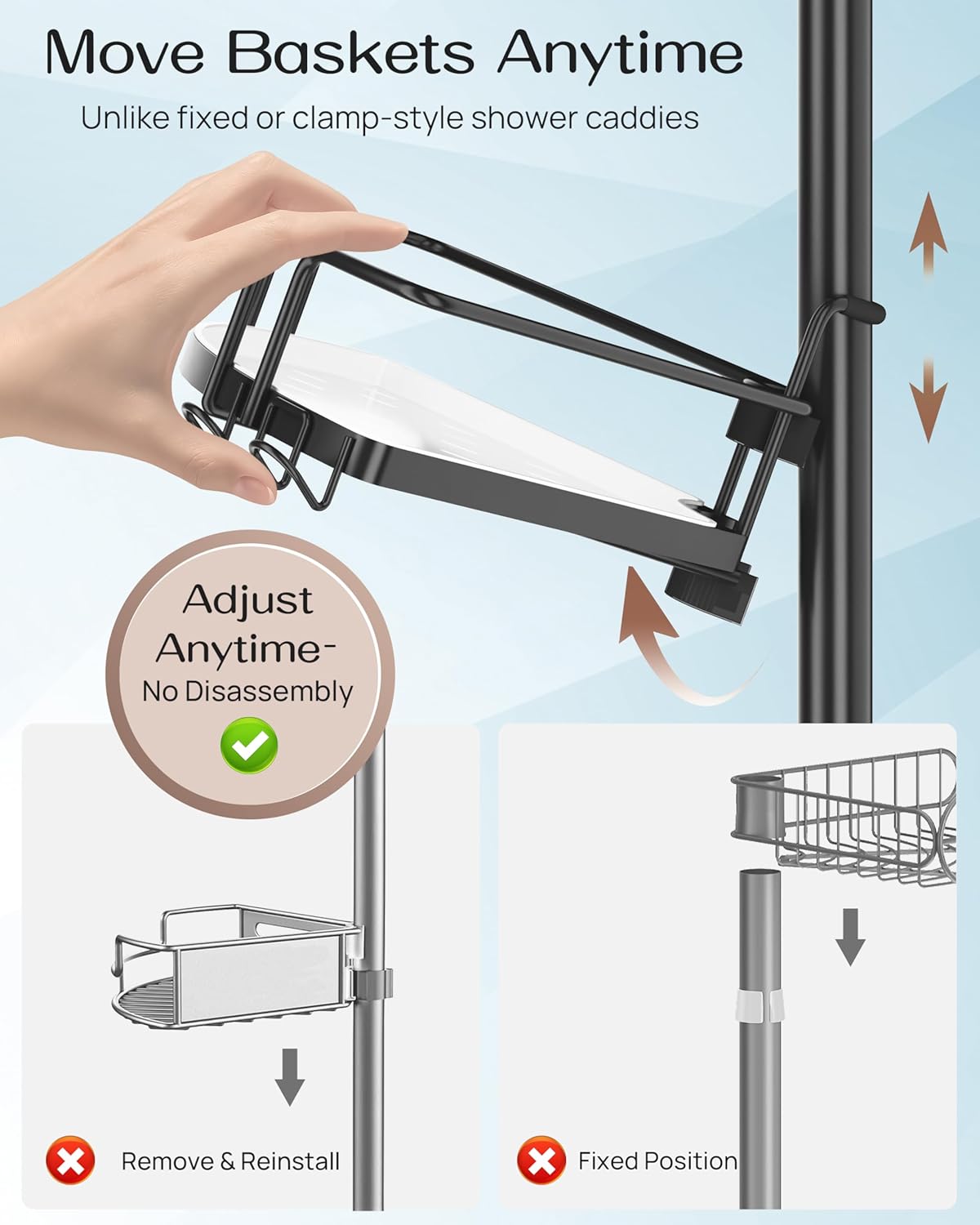 ALLZONE Corner Shower Caddy Tension Pole, 4 Repositionable Hang-On Baskets with Mixed-Height Shelves for Various Bottle Sizes, 4 Dual Hooks & Soap Holder, Rustproof Stainless Steel, Fits 34–116 Inch