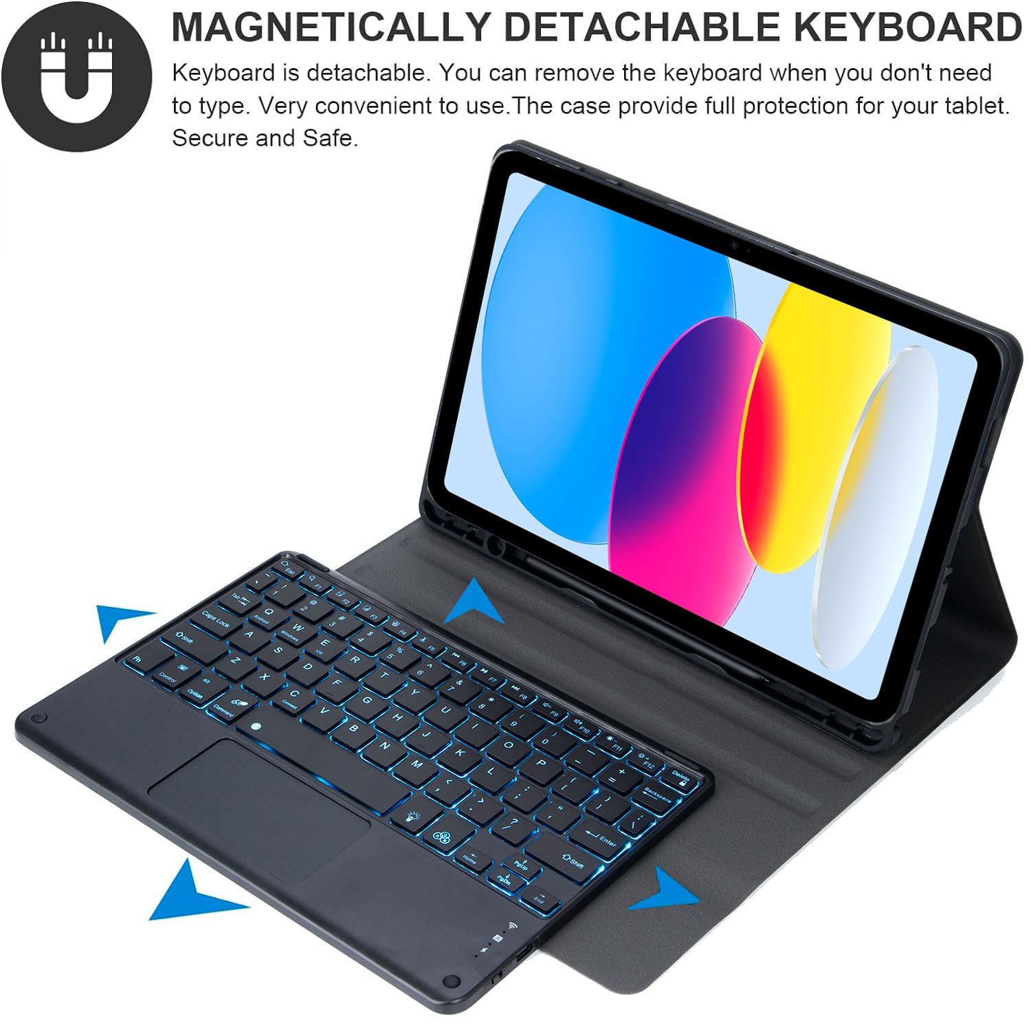 Keyboard Case for iPad (A16) 11 generacji 11 cali 2025/iPad 10 generacji 10,9 cala, Odłączana Klawiatura Smart Touchpad Z Podświetleniem W 7 Kolorach, Uchwytem Na Pióro I Myszką,Blue