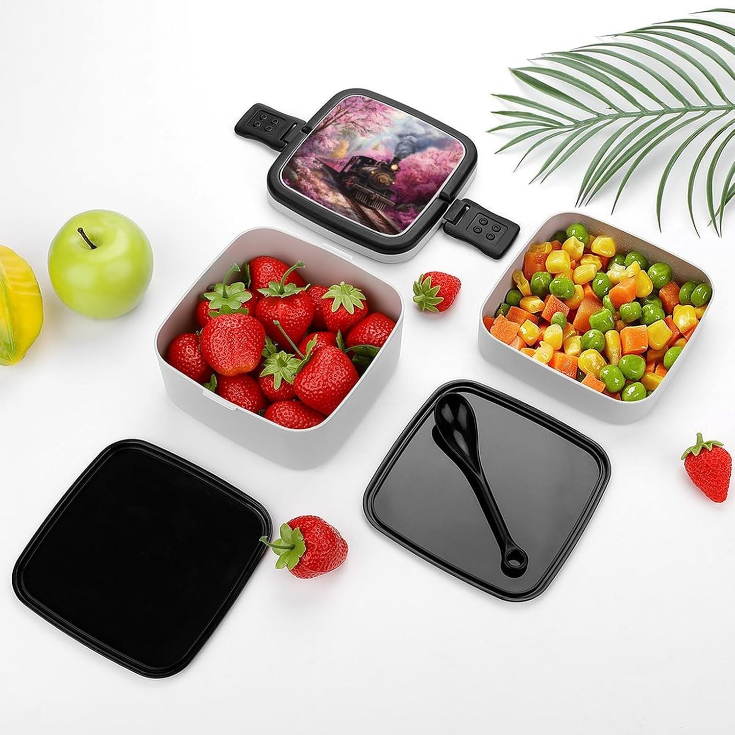 Train Floral Print Bento Box with Spoon 2 Layer Food Container Cute Lunch Box for Travel Dining Work