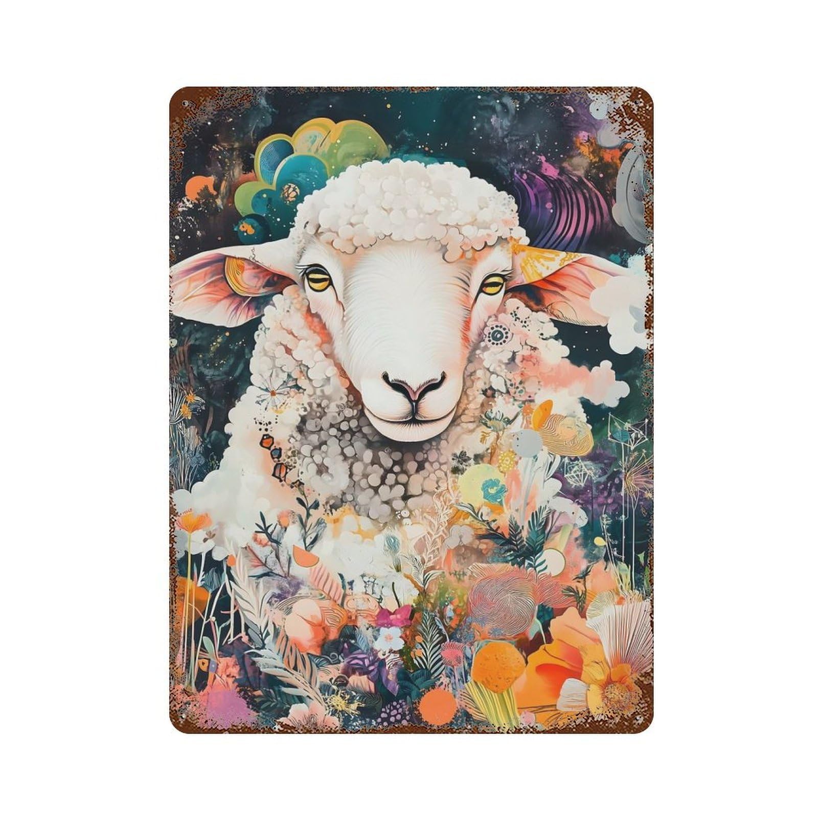 Sacred Sheep in Bloom - Psychedelic Floral Field Art Vintage Wall Sign 15.7"x11.8", Rust Effect Metal Decor for Cafe, Home Bar And Lounge Decor