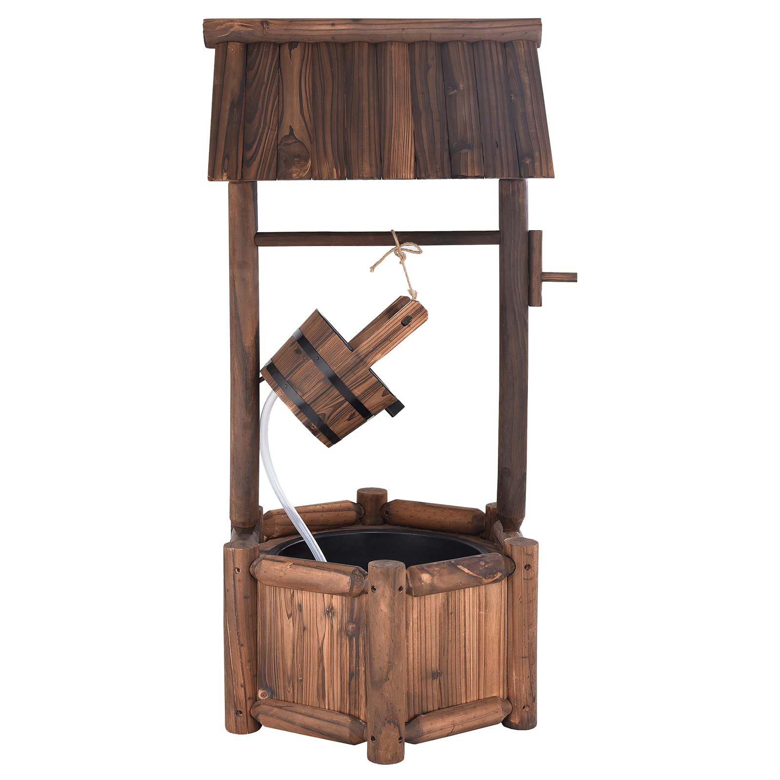 GOPLUS Fuente Jardín Exterior de Madera de Abeto, Pozo Decorativo de Deseos, con Bomba Eléctrica, para Jardín Patio, 58,5×56×117cm, Marrón Rústico