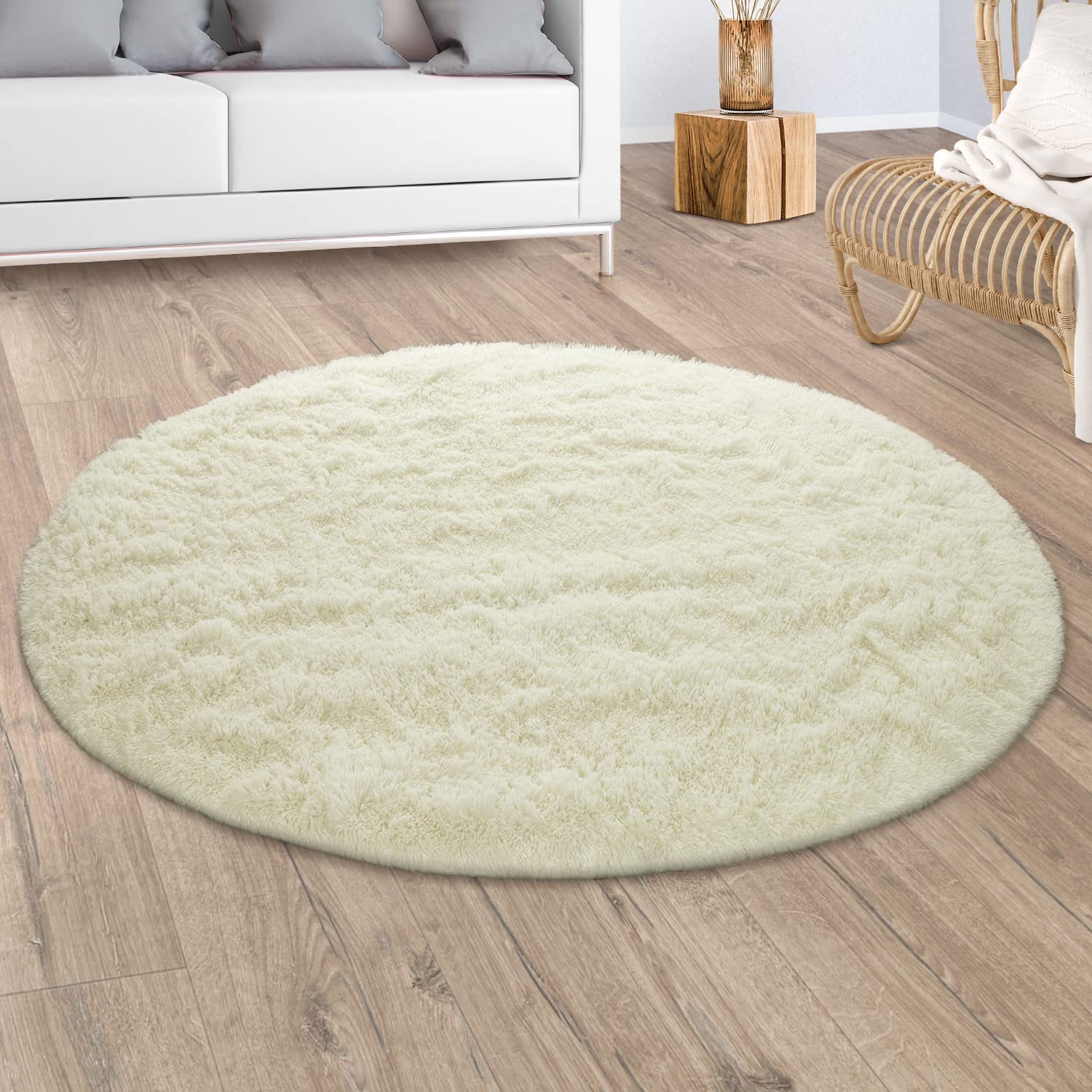 Paco Home Alfombra Salón Pelo Largo Piel Sintética Shaggy Mullida Y Suave Monocolor Amarillento-Blanco, tamaño:Ø 120 cm Redondo OEKO-TEX STANDARD 100