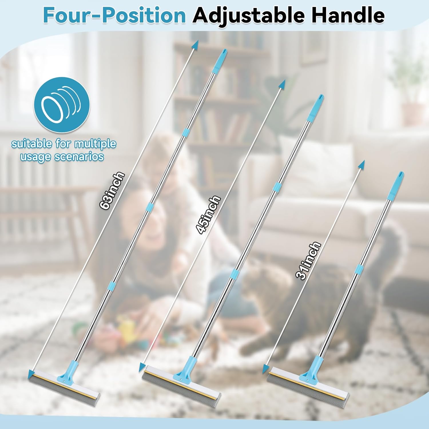 Carpet Rake for Pet Hair Removal Tool, Reusable Pet Hair Rake with 63” Adjustable Long Handle, Cat Dog Hair Remover Carpet Broom and Scraper, for Carpets, Rugs, Mats, Couch, Furniture, Car