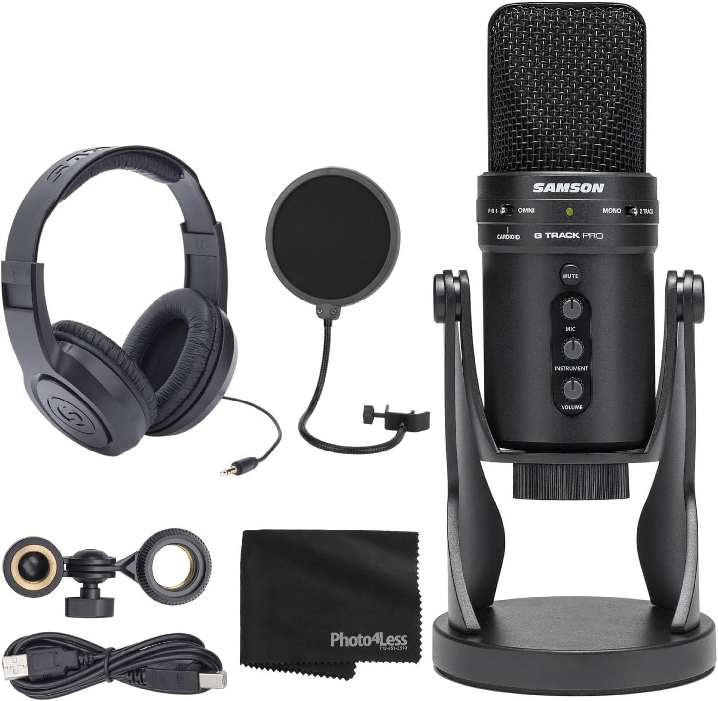 Samson G-Track Pro USB 24-bit Studio Condenser Mic with Audio Interface Bundle Professional Stereo Headphones + Pop Filter + Cloth (4 Items)