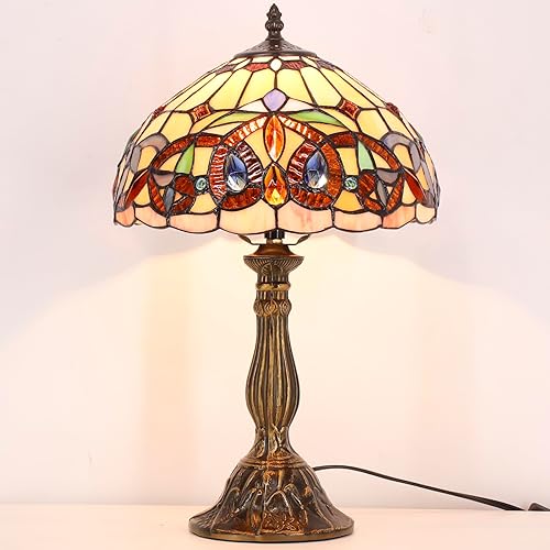 Miniatura 9 de WERFACTORY Lámpara de mesa estilo Tiffany con vitrales de serenidad victoriana, lámpara de noche de escritorio, luz de lectura, 12 x 12 x 18